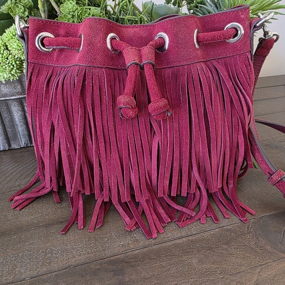 Rebecca Minkoff Burgandy Suede Fringe Crossbody Bag - Picture 1 of 10